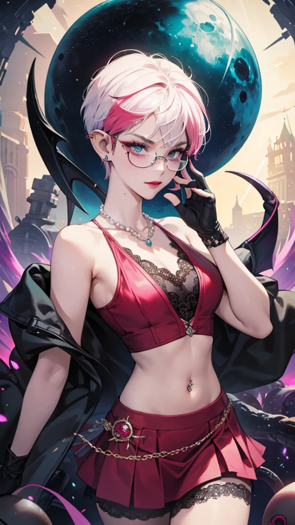 8k, masterpiece, best quality, highly detailed, 1 girl, tiefling, warlock, pixie cut, multicolored hair, very short straight hair red highlight hair on white hair, strippled hair, wearing glasses, round glasses, earrings, navel piercing, red eyeshadow, long eyelashes, blushed cheek, red lips, pearl necklace, rings, collarbone, mole on face, glamorous, teal and pink clothes, sleeveless, miniskirt, smirk, close up view, rings, looking at viewer, demon horns, solo, starry sky, pale blue moon, standing, demonic arms, chains on the background, black lace gloves, tentacles, orbs.