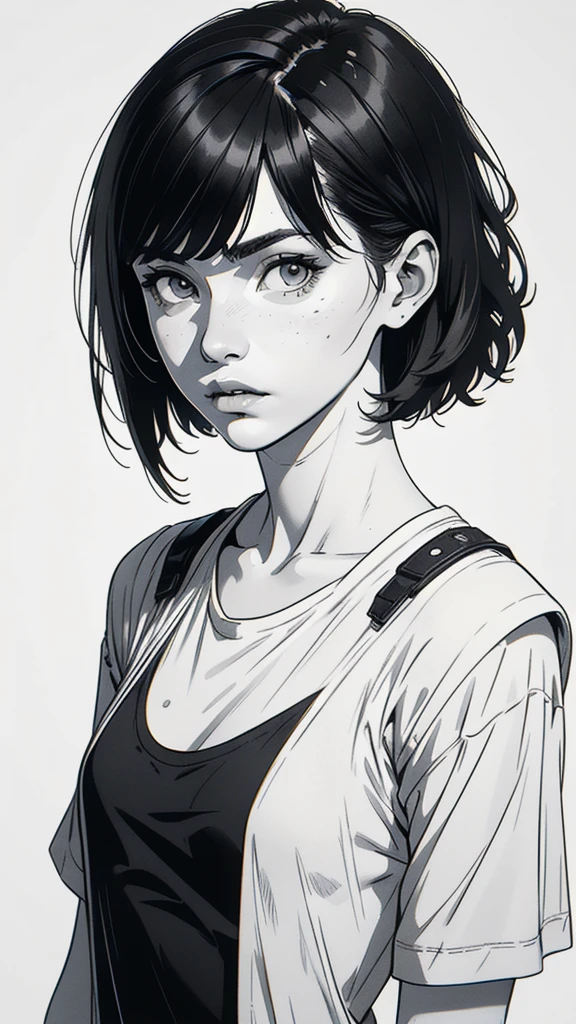 1 boyish girl, solo, sharp eyes, monochrome, greyscale, shoulder length black bangs hair, portrait, (blank white T-shirt), Thin eyebrows, closed mouth, looking at viewer, detailed lips, hatching \(texture\), without makeup, upper body, (best illustration), (best quality), (very detailed), (masterpiece), expressionless,