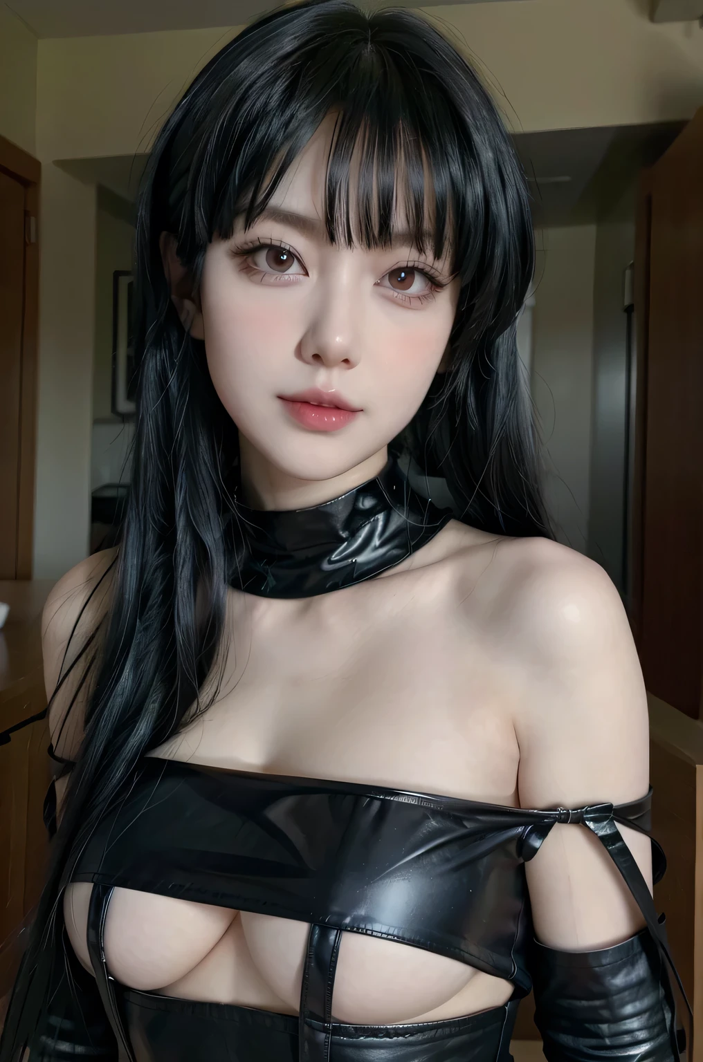 Yor from spy x family, realistic, age 25, pure white skin, dark red pupils, black long hair, black assassin dress, perfect face, perfect shape body, huge breasts, 3d, sexy posing to viewer. 