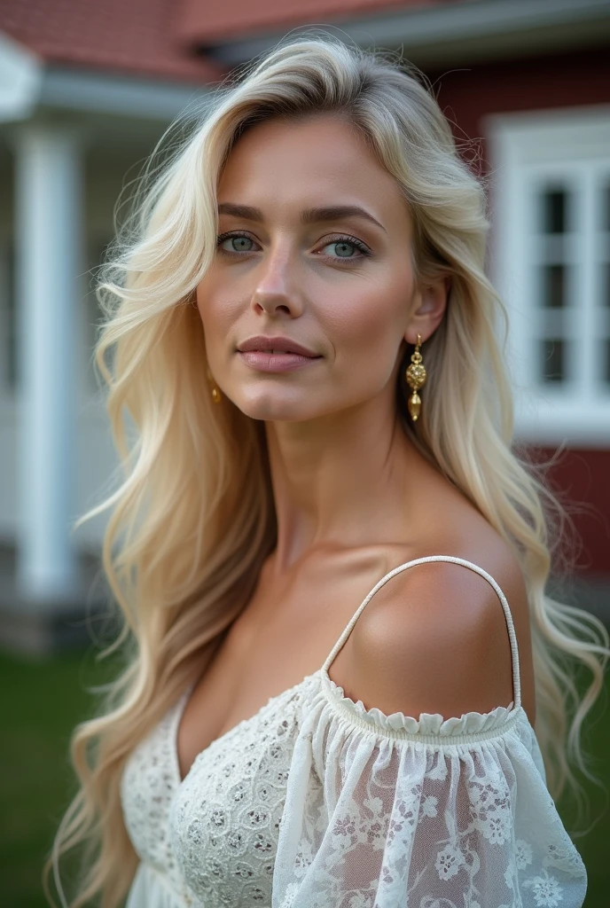 Arafed Une femme aux longs cheveux blonds et aux boucles d'oreilles, 40 ans, Debout devant la maison, belle femme scandinave, photo d&#39;une belle femme, Fille aux cheveux blonds, Portrait d'une fille scandinave, Portrait doux 8K, belle jeune femme, portrait d&#39;un beau modèle, a belle jeune femme, belle jeune femme, jolie jeune femme, portrait 70 mm, Jolie femme 40 ans