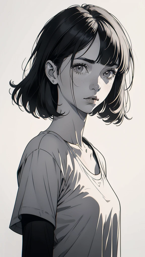 1 boyish girl, solo, sharp eyes, monochrome, greyscale, shoulder length black bangs hair, portrait, (blank white T-shirt), Thin eyebrows, closed mouth, looking at viewer, detailed lips, hatching \(texture\), without makeup, upper body, (best illustration), (best quality), (very detailed), (masterpiece), expressionless,