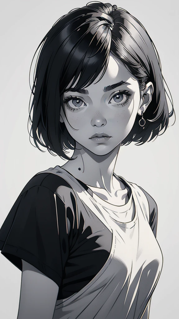 1 boyish girl, solo, sharp eyes, monochrome, greyscale, shoulder length black bangs hair, portrait, (blank white T-shirt), Thin eyebrows, closed mouth, looking at viewer, detailed lips, hatching \(texture\), without makeup, upper body, (best illustration), (best quality), (very detailed), (masterpiece), expressionless,