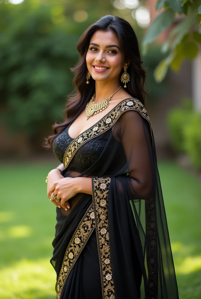 Perfect  Indian sexy fittest wife with embroidered soft net black saree, No blouse, Gold Victoria's bra , HDR, 8k, hyper detailed, best quality, ultra-high resolution, HDR, 8k, walking on the lawn , look at viewer, waist level view, bright smile, wearing platinum ornaments, casual pose ,  average body with 36 D size breasts,26 hip size and 36 waist size, waist level view, show background 