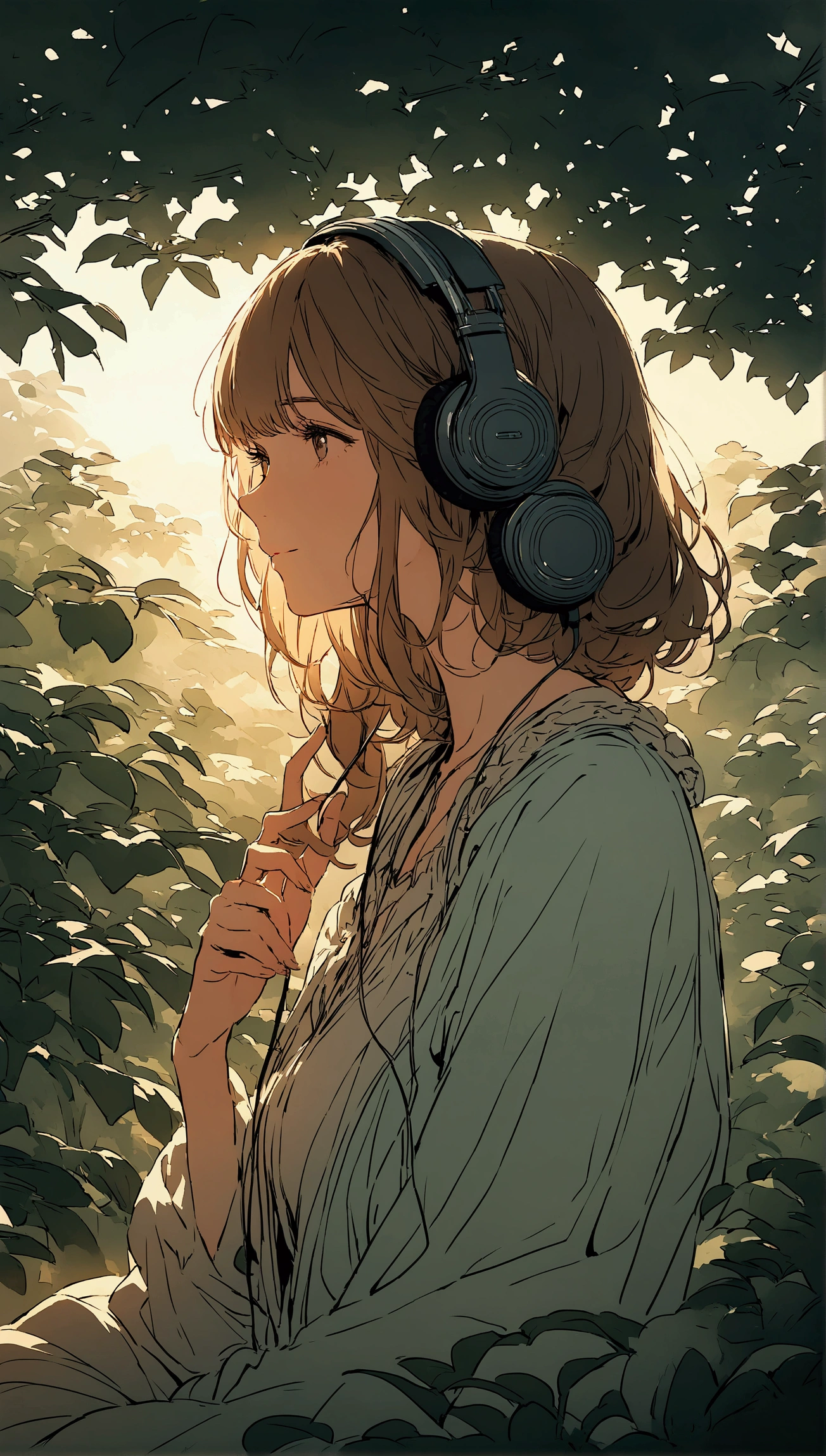 For the image, You could also feature a stylized illustration or a photo of a girl enjoying music., Put on your headphones, Soft lighting and a tranquil outdoor atmosphere、Surrounded by a calm atmosphere.