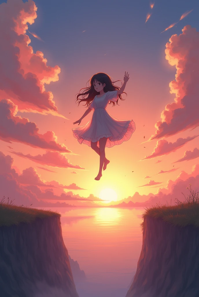 For anime scenery images、It depicts a girl jumping into the void., At sunset, View from afar, Beautiful and colorful anime scene, View from afar, Beautiful anime peace scenes, Makoto Shinkai Cyril Rolland, Beautiful scene from anime, Awesome Wallpapers, Anime Art Wallpapers 8K, Anime Background, Anime Art Background, anime wallpaper 4k, Anime Art 4K Wallpaper, Anime Art 4K Wallpaper,One girl,