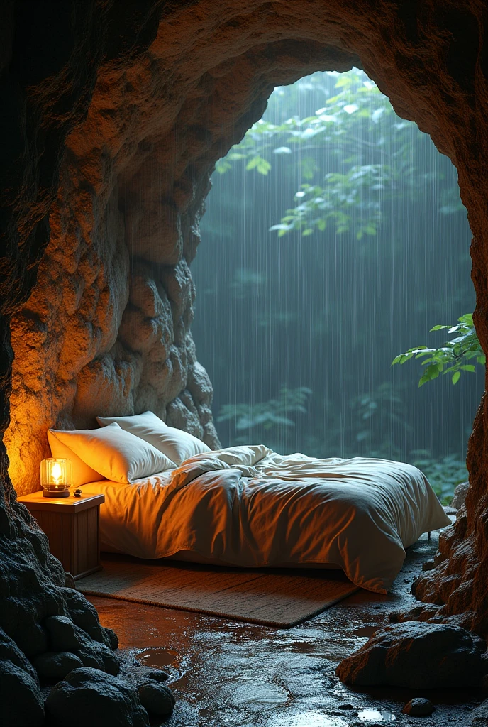 Bed in cave raining