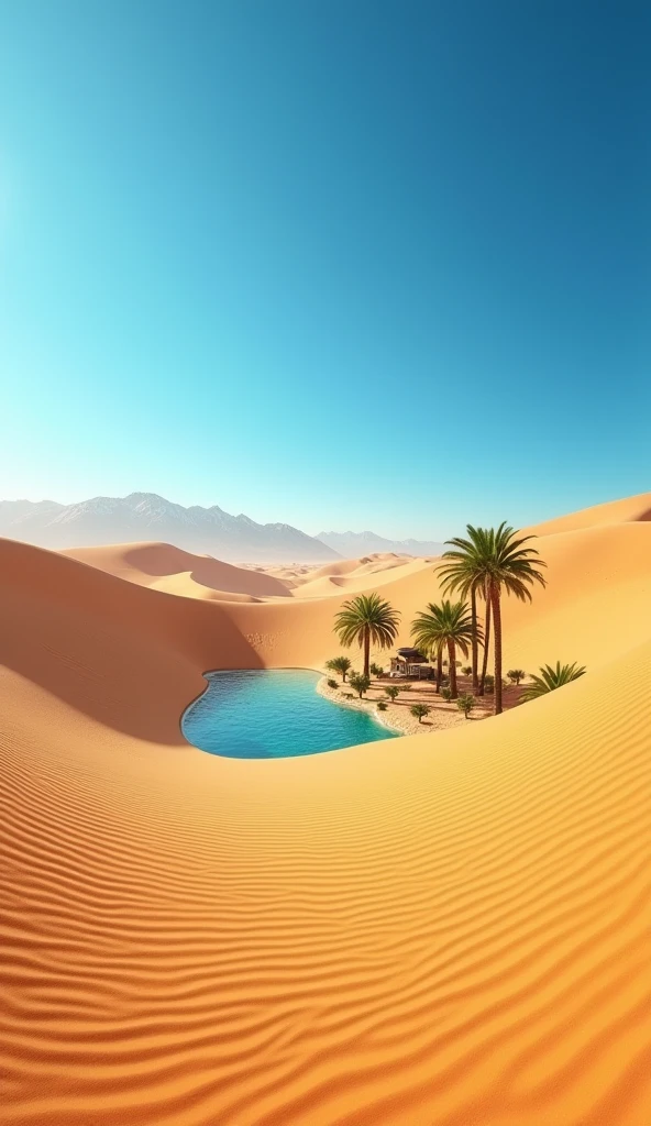 "Develop an ultra-realistic image of a scorching desert at noon. The scenery should show golden sand dunes, with wavy patterns formed by the wind. Add a deep blue cloudless sky and a bright sun that casts sharp shadows on the sand. Include a small oasis with palm trees and a pool of water in the middle of the dunes, besides some cacti scattered throughout the desert."