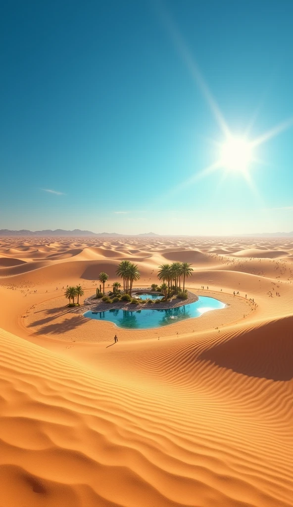 "Develop an ultra-realistic image of a scorching desert at noon. The scenery should show golden sand dunes, with wavy patterns formed by the wind. Add a deep blue cloudless sky and a bright sun that casts sharp shadows on the sand. Include a small oasis with palm trees and a pool of water in the middle of the dunes, besides some cacti scattered throughout the desert."