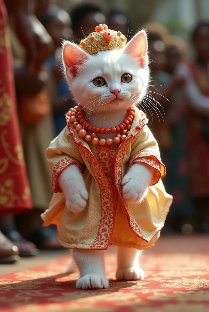 A white kitten walks elegantly on two legs, dressed in a traditional Nigerian groom's agbada with intricate embroidery and matching coral bead jewelry. He wears a fila (hat) on his head, and his fur is perfectly groomed. The audience is thrilled, taking countless pictures of this cultural groom look."