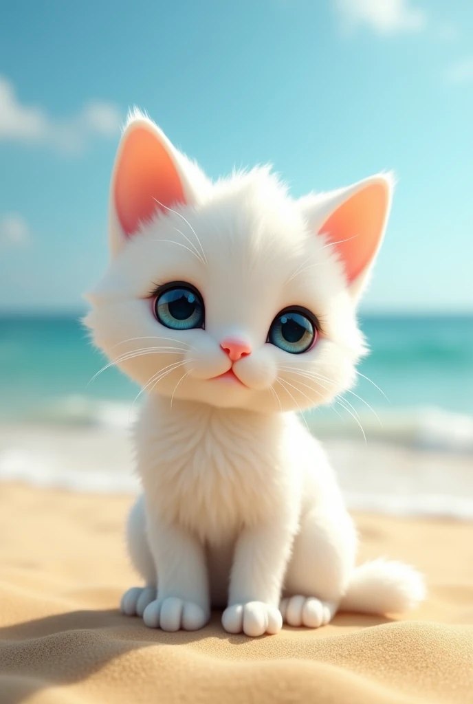 Cute white kitten pottery、White porcelain、Big head、Shiny、Midsummer Beach