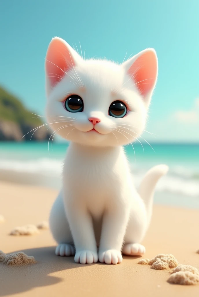 Cute white kitten pottery、White porcelain、Big head、Shiny、Midsummer Beach