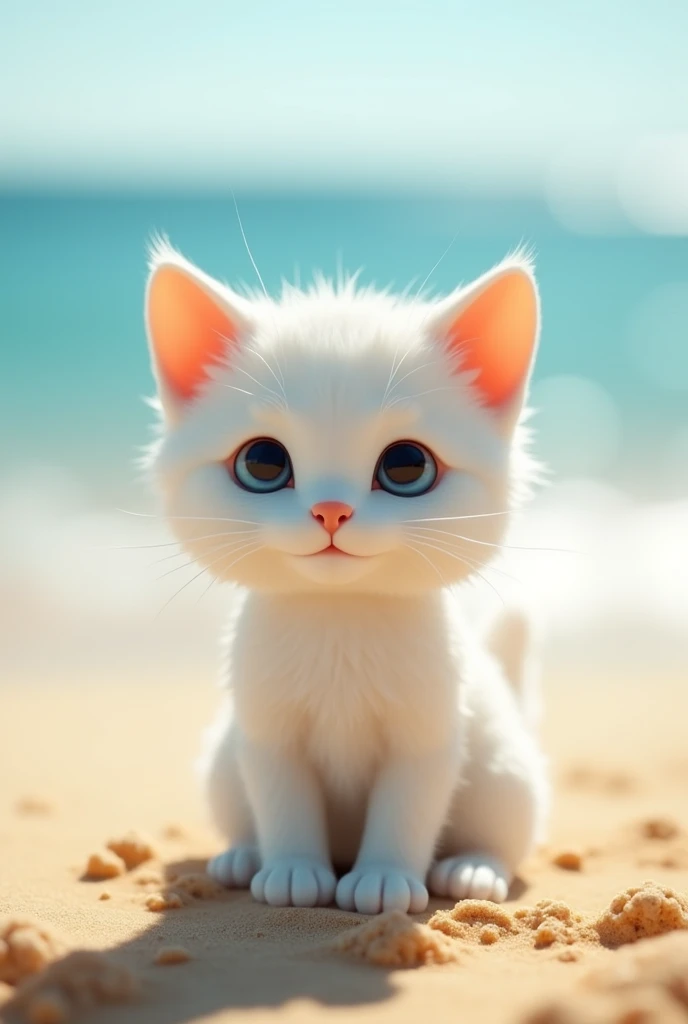 Cute white kitten pottery、White porcelain、Big head、Shiny、Midsummer Beach
