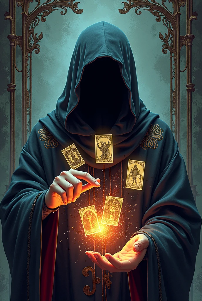 onmyoji,Metal Photo Frame,card,tarot cards:1.37.A mysterious hooded fortune teller,Finger taps an array of tarot cards in the air,Mystical symbols and elements,Ancient and mysterious atmosphere,Realistic illustrations,Attention to detail,Vibrant and energetic composition,Dark Style,Gothic style