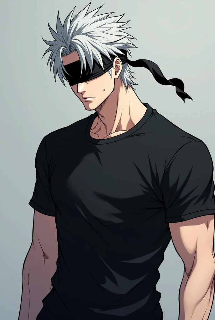 Anime Jujutsu kaisen, Gojo satoru, Wearing black T-shirt, solid background, modeling for brand