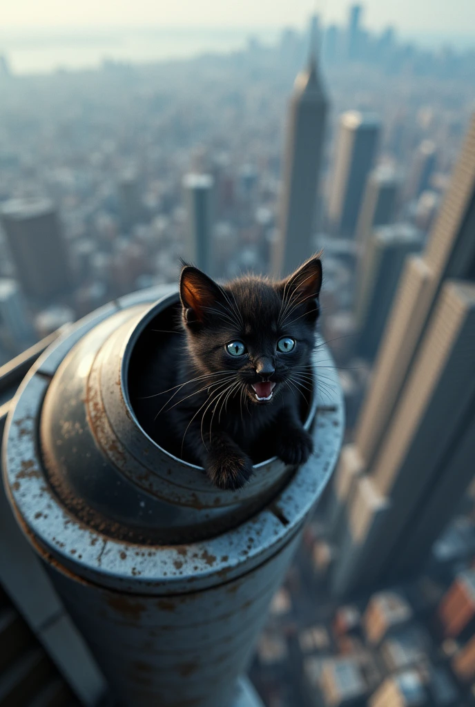 very small scared black kitten stuck in the drainpipe on the roof at the great height of a skyscraper at a great height and can't get free