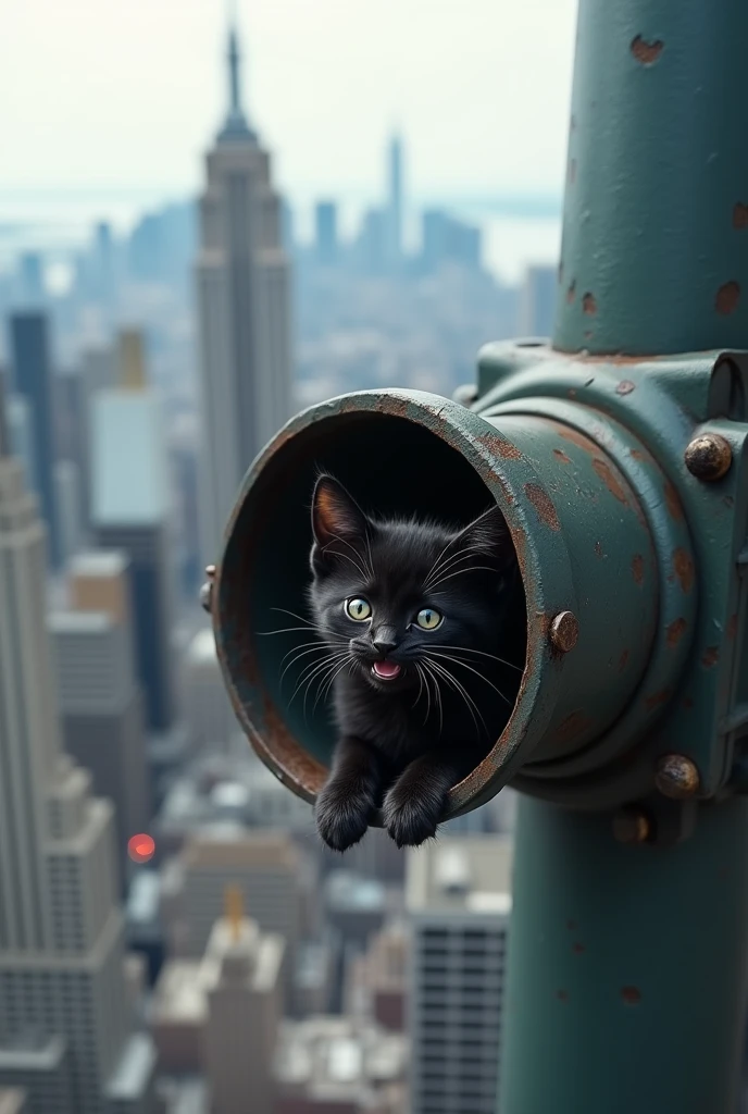 very small scared black kitten stuck in the drainpipe on the roof at the great height of a skyscraper at a great height and can't get free