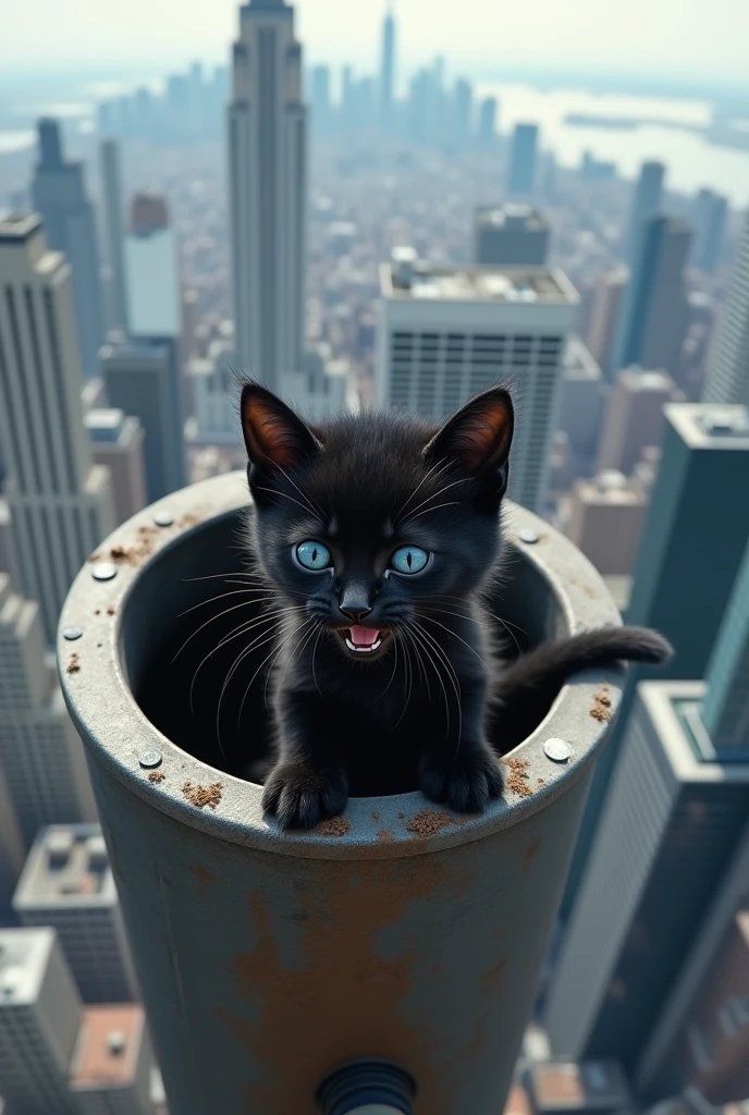 very small scared black kitten stuck in the drainpipe on the roof at the great height of a skyscraper at a great height and can't get free