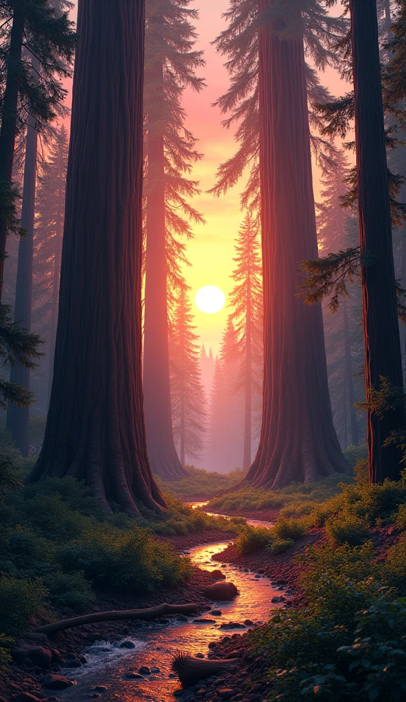 Create an ultra-realistic image of a towering redwood forest at dusk. The giant trees must stand majestically against an orange and pink sky. Sunlight should filter through the treetops, creating rays of light that illuminate the ground covered in fallen leaves and branches. Include a winding trail covered in a layer of dry leaves and a clear stream running gently."