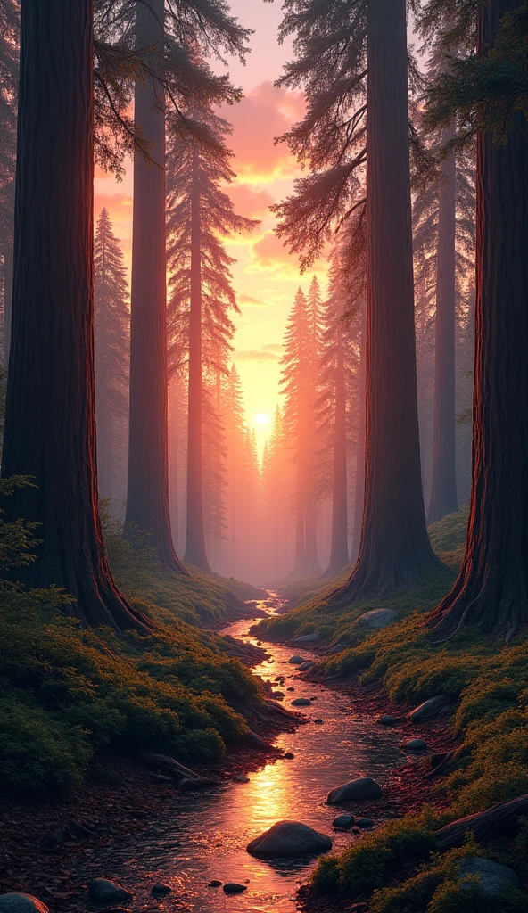 Create an ultra-realistic image of a towering redwood forest at dusk. The giant trees must stand majestically against an orange and pink sky. Sunlight should filter through the treetops, creating rays of light that illuminate the ground covered in fallen leaves and branches. Include a winding trail covered in a layer of dry leaves and a clear stream running gently."