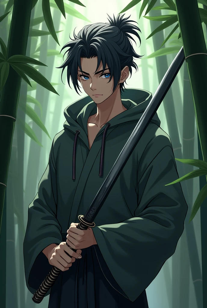 A chinese handsome man. Black and grey eyes. Black hair with grey and white locks. Messy hair. Long lashes. Anime. Chinese Hoodsweater. Beautiful facial features. Holding a katana in a bamboo cabana