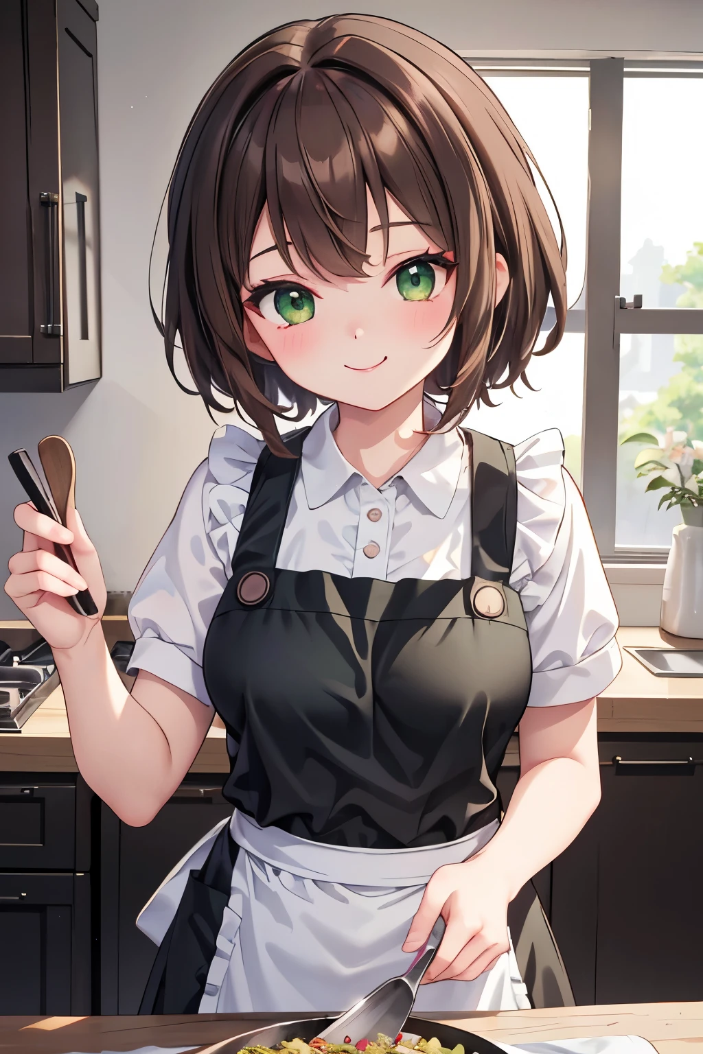 ((masterpiece, Highest quality, High resolution, 超High resolution, Pixel perfect, Written boundary depth, 4K, RTTX 10.0, High resolution))), 1 person, single, alone, Beautiful Anime, Beautiful art style, Anime characters, ((Shortcuts, bangs, Dark brown hair)), ((Green Eyes:1.4, Round eyes, Beautiful eyelashes, current eyes)), ((Smooth texture:0.75, Anime CG style)), ((Dynamic Angle, close)), Perfect body, (cute), Normal chest, whole body, ((4K, 8k, Highest quality, Perfect Fingers: 1.3, Perfect Anatomy: 1.3, Background Blur)), whole bodyアングル, Illustration of a girl wearing an apron, The characters are dressed in casual clothes with cute aprons.、She is pictured cooking in the kitchen., The apron has pockets and frills.、She is smiling happily, In the background is a homely kitchen.、A warm and relaxing scene