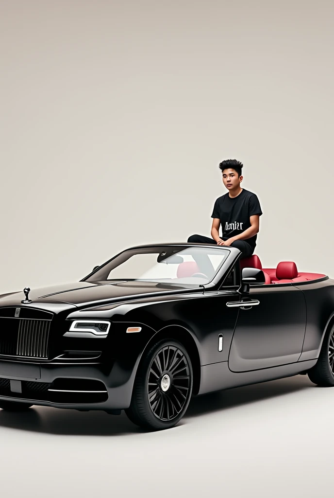 Generate a pic of rolls-royce la rose noire droptail with a Korean boy sit on car and written name of his shirt is 'Aamir' for Mobile Wallpers and show full picture in HD 