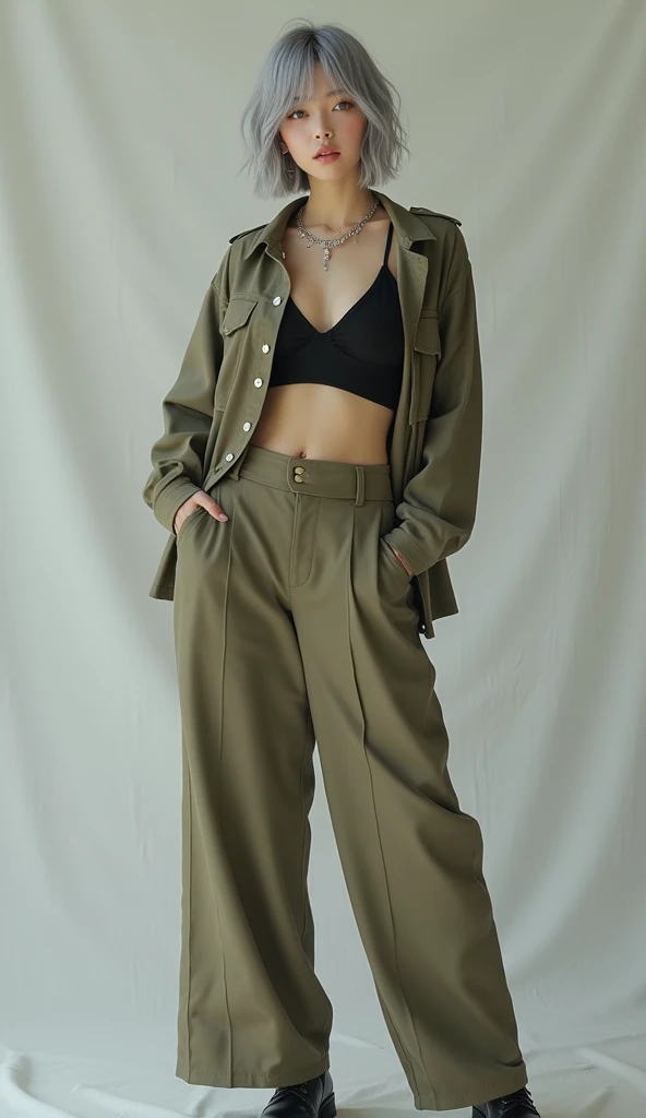 (8k, Photorealistic, RAW Photos, Highest quality: 1.4, detailed),A Japanese idol-like beautiful girl,model,1 person,1,(Short Bob),(Silver Hair),She has her hair tucked behind her ears,Large, clear gray eyes,Long eyelashes,(piercings(small)),(Lip gloss),lips(Plump,glossy),thin long neck,Thin and delicate shoulders,Mid-neck T-shirt,Jacket(No sleeve,khaki)Layered,Wide leg pants(Long length(Ankles are hidden),khaki,Layered),boots,Cool pose,studio,Front view,Full body shot portrait