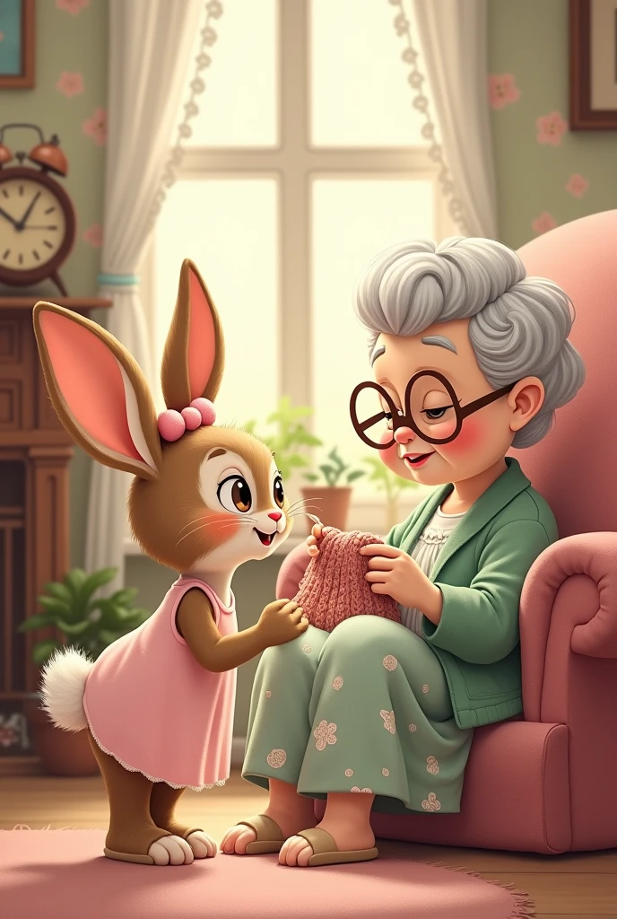 A little white bunny wearing female cloths asking something to get old grandmother bunny also wearing female cloths and glasses in her house in cartoon style 