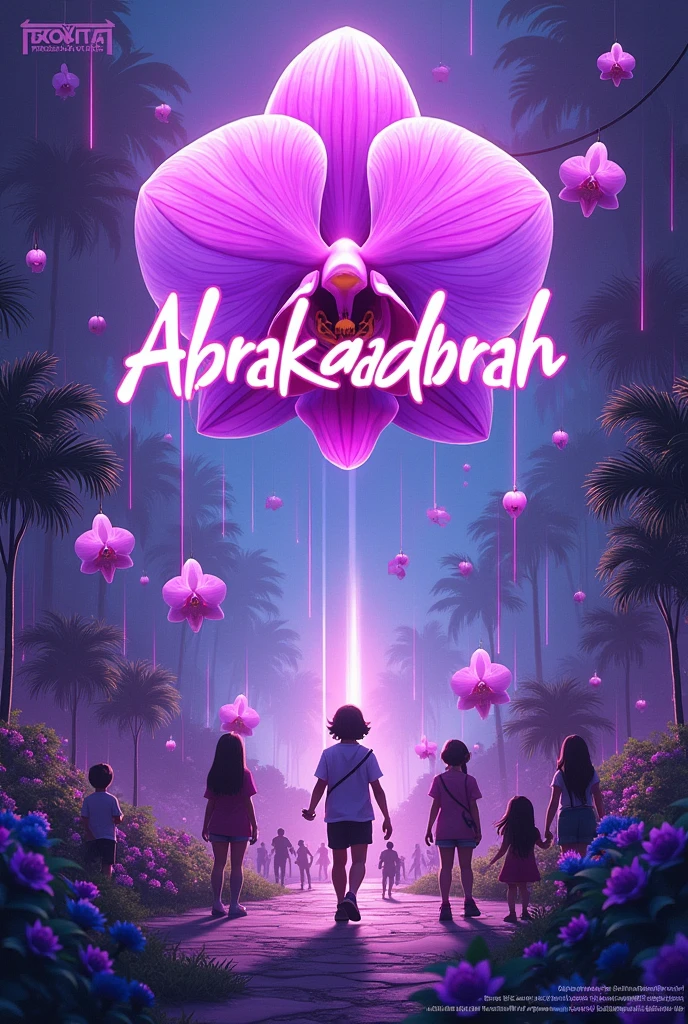 rave party invitation with anime features, for March 8th and 9th, 2025 in Piracanjuba- Goiás, with lilac colors and a giant purple orchid in the center, behind the writings, the name of the event is ABRAKADABRAH
