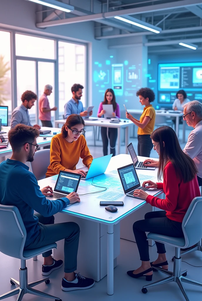 An engaging graphic showing diverse people using various media and technology. Make it realistic