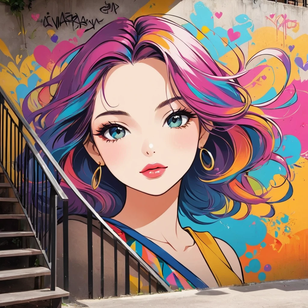 12stairs colorful style, Simple Line Initialism,Abstract art,(((The most beautiful girl of all time))), Lips in love, Dark Eyes, Graffiti on the wall, stylish design