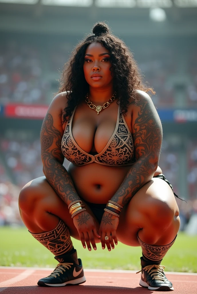 Beautiful French woman,(Hairy :1.3),(Haka Squat Pose:1.1),(Mauri ethnic costume:1.3),Olympian, Olympic female hammer thrower,have large breasts, Big Breasts!, thick,Attractive plus size model, Voluptuous body,tattoo,break,At the Paris Olympics