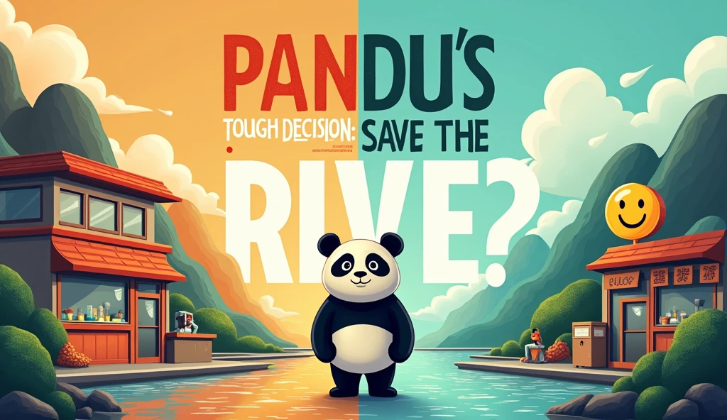 Background: Divide the background into two halves. One side showing a polluted river, and the other side showing a clean river.
Main Image: Place an image of Pandu (the human-like panda) in the center, looking thoughtful or making a decision.
Supporting Images: On one side, show Pandu's energy drink shop, and on the other side, show him cleaning the river.
Text: Use bold and large text with contrasting colors. Example: "PANDU'S TOUGH DECISION: SAVE THE RIVER!"
Additional Elements: Add some icons or symbols, like a pollution symbol, a green checkmark for the clean river, and a transformation from a sad face to a happy face.