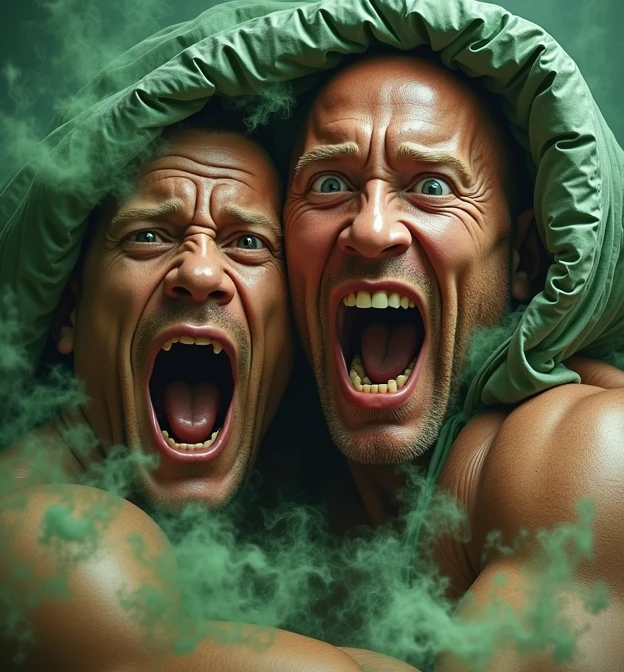 Dwayne Johnson and John Sena screaming face and both are hide under the bed and the background has green smoke