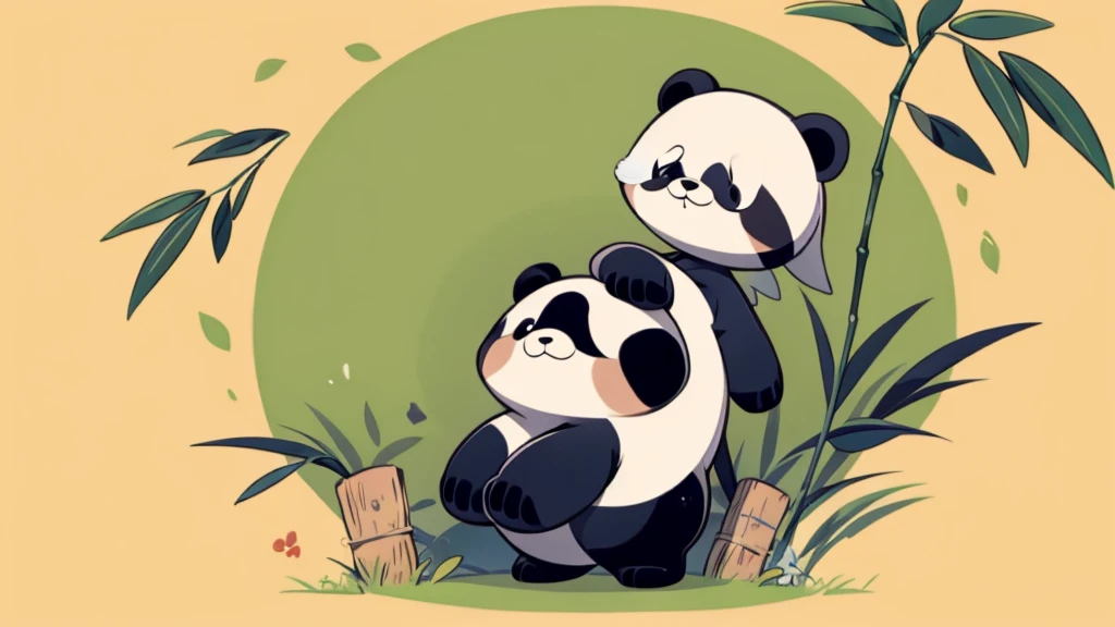 Long body panda、Holding on to the bamboo, trying hard not to be blown away by the wind、Deformation、An illustration、cute
