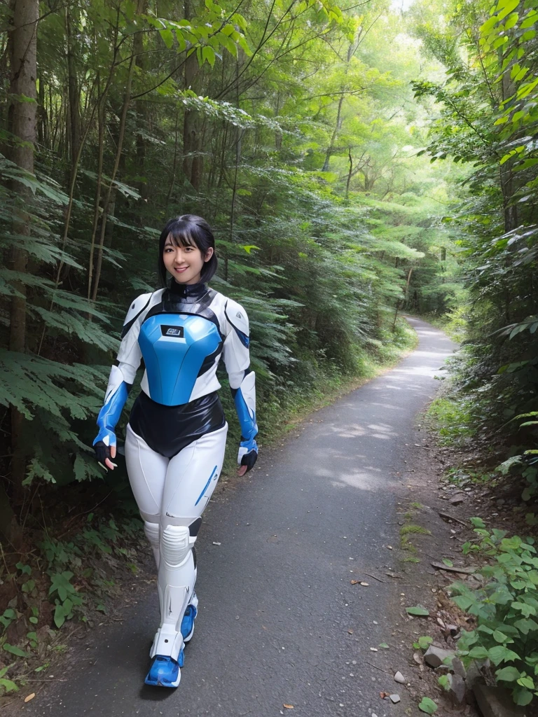 Japanese female android,Black Hair,White and blue robot suit,Plump,Walking along a hiking trail,Mountain road in the forest,smile