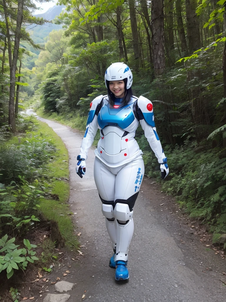 Japanese female android,Black Hair,White and blue robot suit,Plump,Walking along a hiking trail,Mountain road in the forest,smile