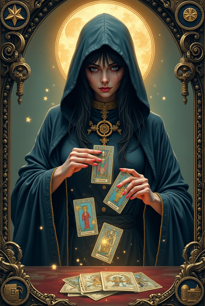 onmyoji,Metal Photo Frame,card,tarot cards:1.37.Hooded female fortune teller,Finger taps an array of tarot cards in the air,Mystical symbols and elements,Ancient and mysterious atmosphere,Realistic illustrations,Attention to detail,Vibrant and energetic composition,Dark Style,Gothic style