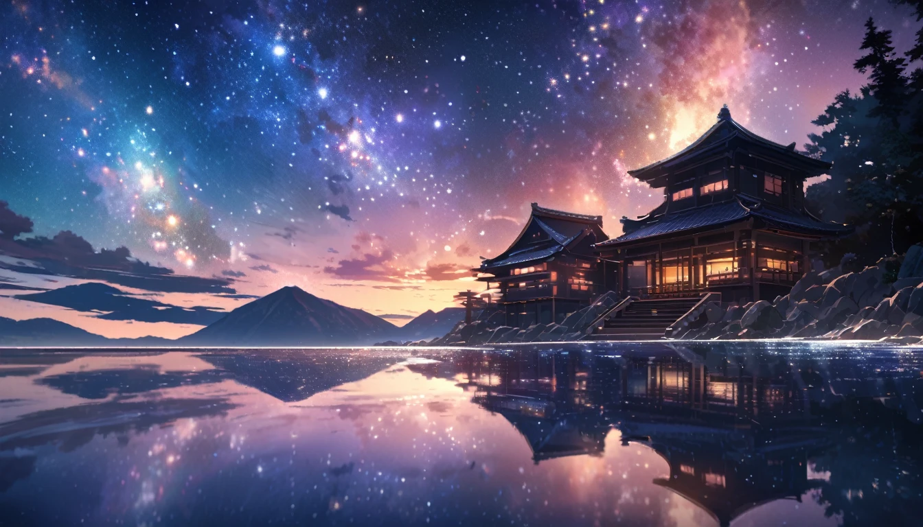 Angelic, Super detailed, Starry sky, nebula, horizon, Reflective water surface, Japanese scenery，