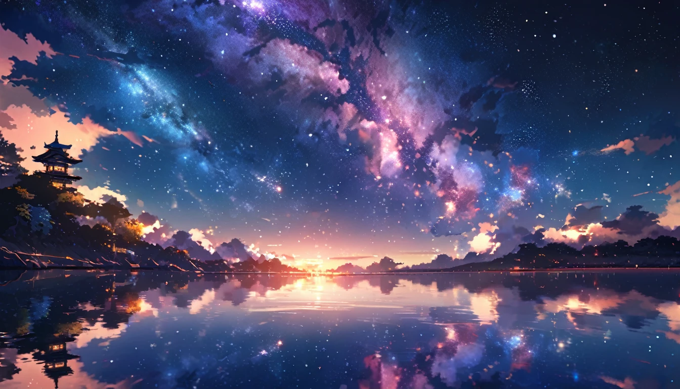 Angelic, Super detailed, Starry sky, nebula, horizon, Reflective water surface, Japanese scenery，