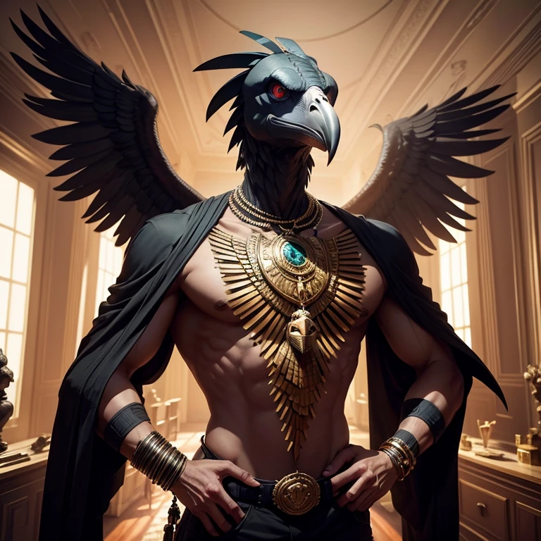 Make a pix humanoid vulture with a vulture head and a human body in your mansion and there is a lot of money scattered around the place, Masterpiece artwork, super detaill, ultra HD, 