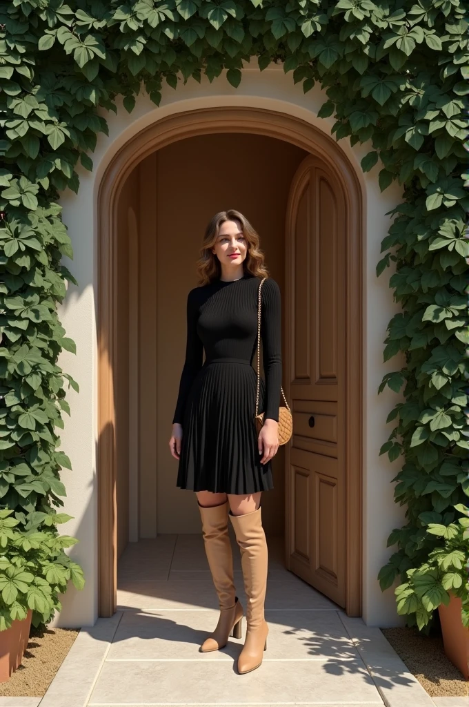 Create an image of a stylish woman standing at the entrance of a rustic wooden door, surrounded by lush green foliage. She should be wearing a high-waisted, knee-length black dress paired with beige knee-high boots. Add a tan quilted shoulder bag with a gold chain for elegance. The setting should exude a serene, chic ambiance with a blend of nature and classic architecture, focusing on neutral tones and greenery. Ensure the image captures the elegance and tranquility of the scene