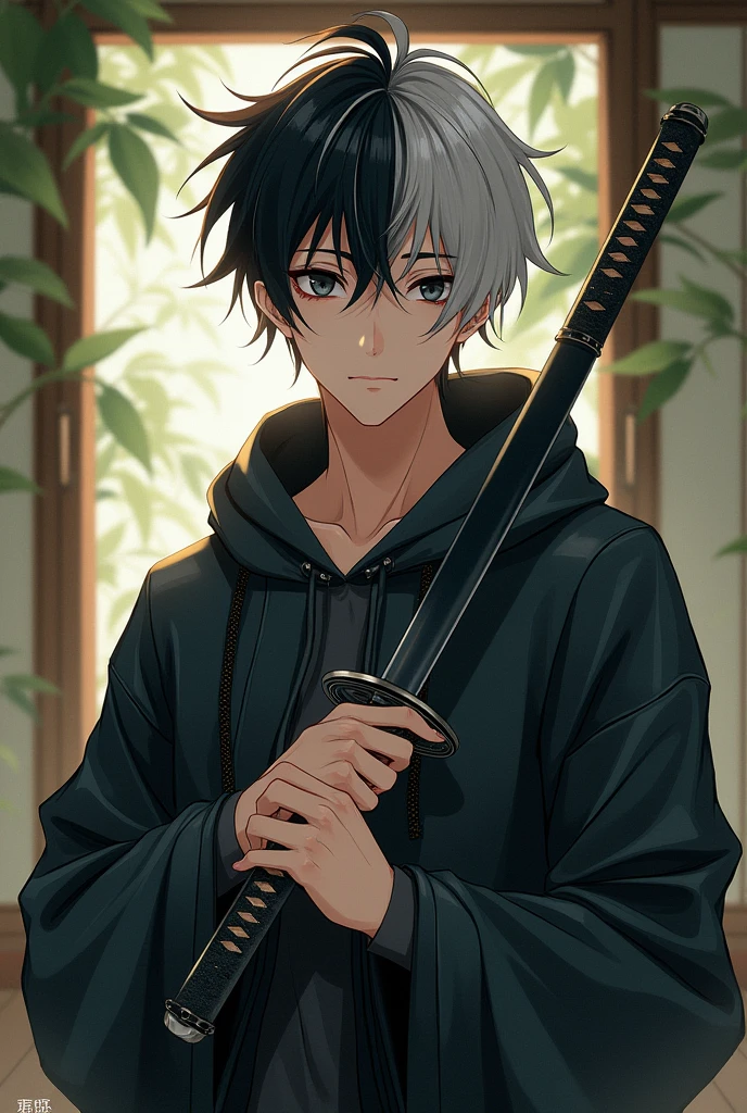A chinese handsome man. Black and grey eyes. Black hair with grey and white locks. Short Messy hair. Long lashes. Anime. Chinese Hoodsweater. Beautiful facial features. Holding a katana in a bamboo cabana