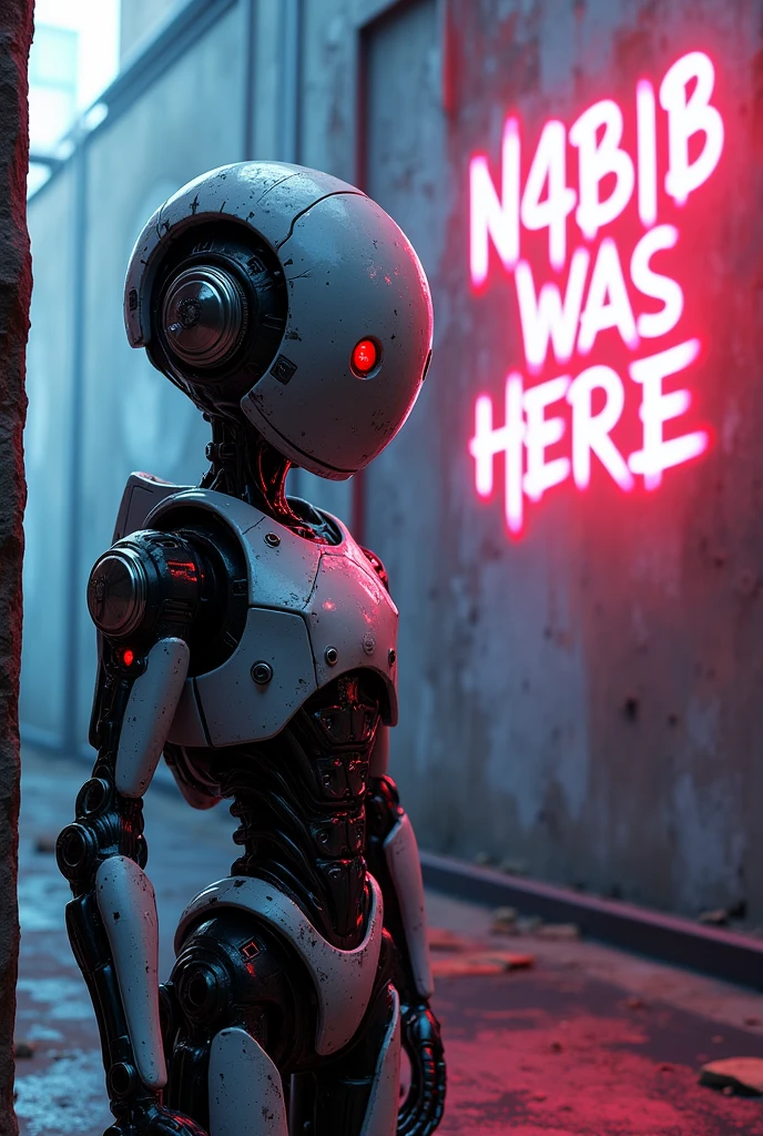 A humanoid robo boy. A quote “ N4B1B was here “ written in background capital letters.
Background quote more visible . The humanoid is in one side and the quote is in another. Neon lights