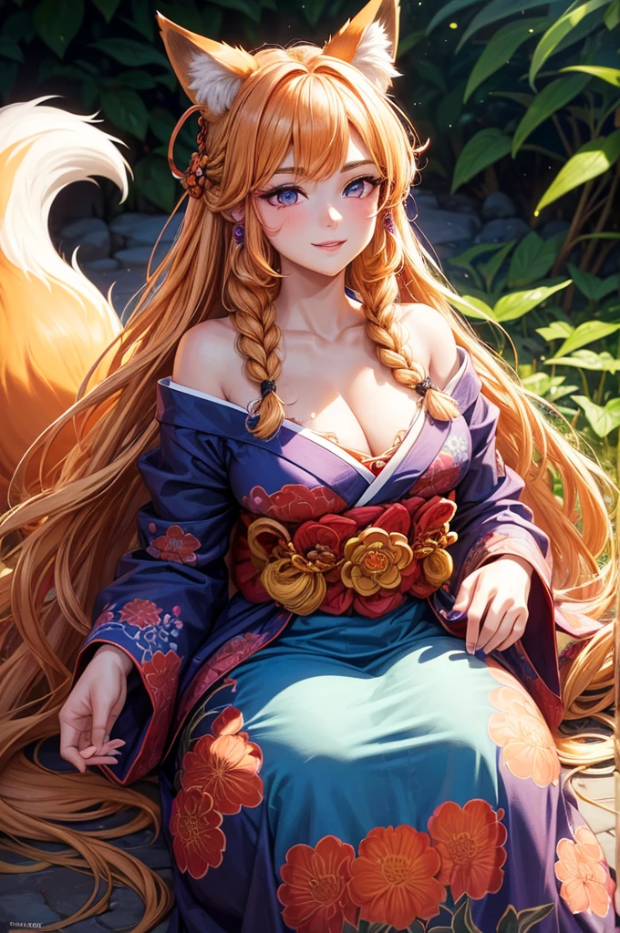 (masterpiece,Best quality,ultra detailed), Portrait of a beautiful adult woman, smiling at us., blonde straight hair, braided in a french braid, thrown over the left shoulder., Small eyebrows, captivating purple-blue eyes, red eye shadow, Her facial features are delicate and graceful.., with a little, refined nose and lips, large and tall fluffy fox ears of bright orange color with black tips, A bright red flower is delicately woven into her braid.., Wide traditional blue yukata, decorated with intricate floral patterns., Unearthly charm ((Manhwa mother)) big hips, Queen of the Foxes , 8 K, Beautiful landscape ((No other ears, except fox ears))