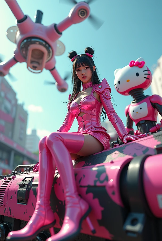 creative angle moving dynamic view of A pretty Asian girl 20yo, ( beauty face and angry), long black messy hair bang bun, ( lalisa style) wear a pink future armor At a large pink & black military tank and pink vehicles hello kitty pattern. She sitting on tank, and surrounded by steampunk-style machinery and hello kitty robots with futuristic gear details. A large drone hovers above them. Elaborate costumes and accessories in punk fantasy style. lively, dark, sunlight, sky