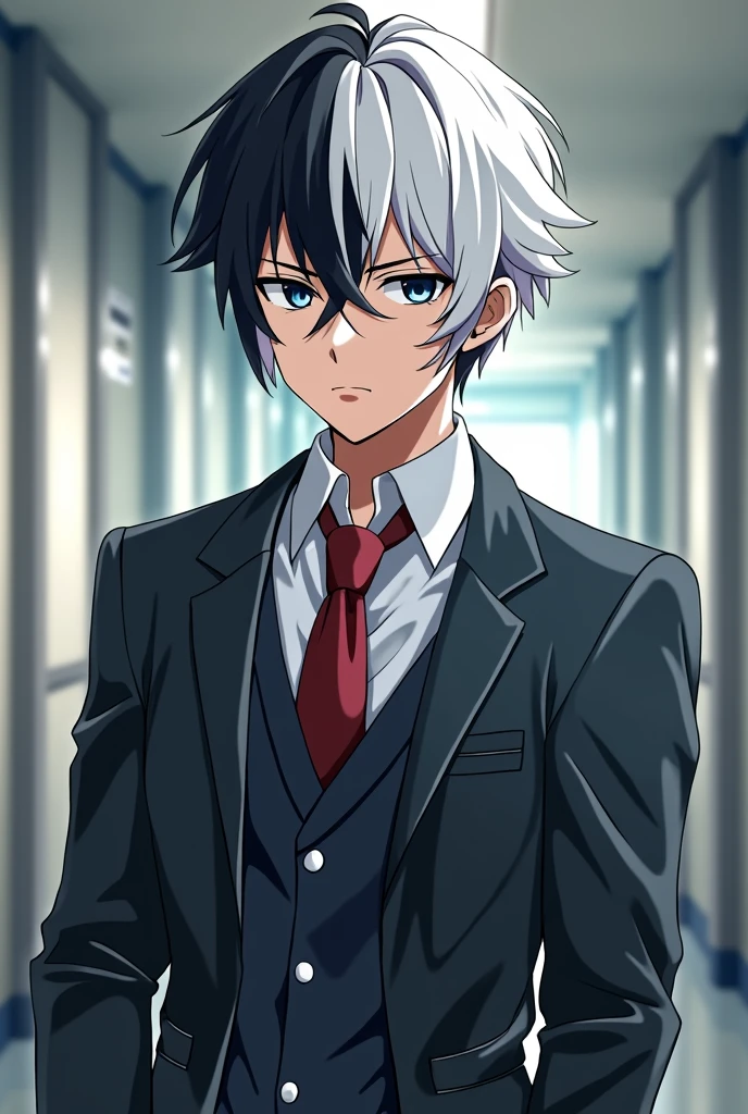 An anime boywhite and nlack hair in school drees with sharp eyes full body iwitha school hall background