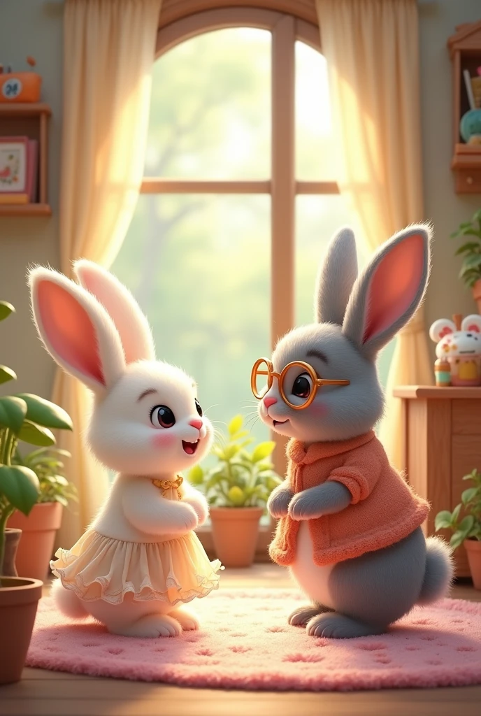 A little white bunny wearing female cloths talking to an old bunny wearing female cloths with glasses in her house in cartoon style