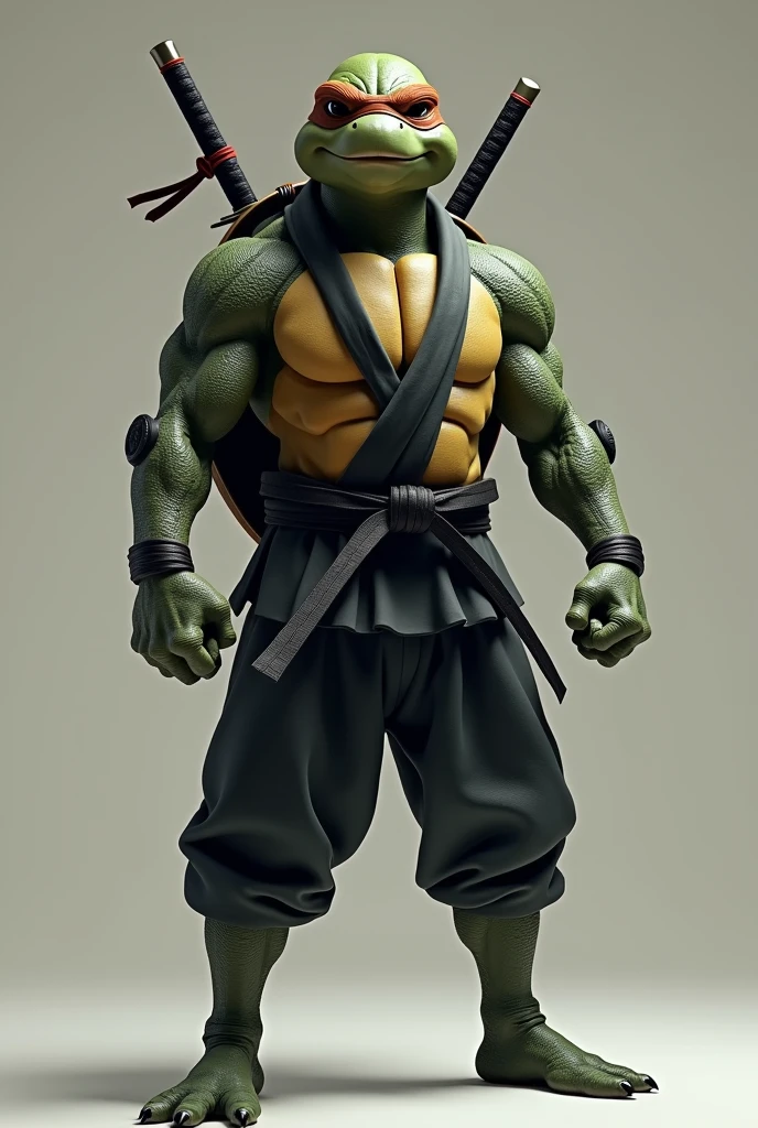 Leonardo the ninja turtle with judo suit and 2 katana swords on his back, fastens his black belt