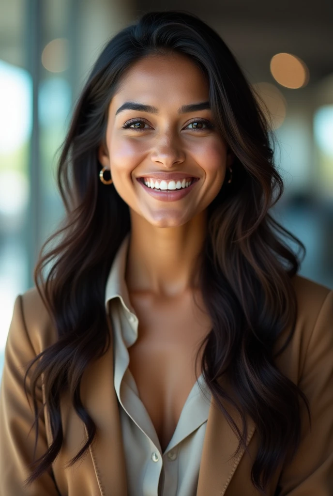 There is a young, Beautiful indian woman, who looks to the future like Katrina Kaif, Smiles into the camera, beautiful teeth, She looks into the camera, a portrait from raw photo, body, modern business color dress,